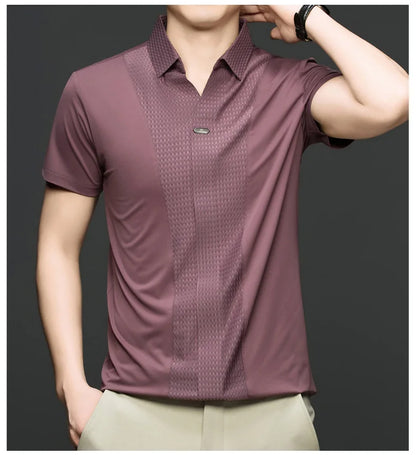 Personality jacquard splicing short sleeve Polo shirt men ice silk breathable high quality fashionable buttonless V-neck T-shirt