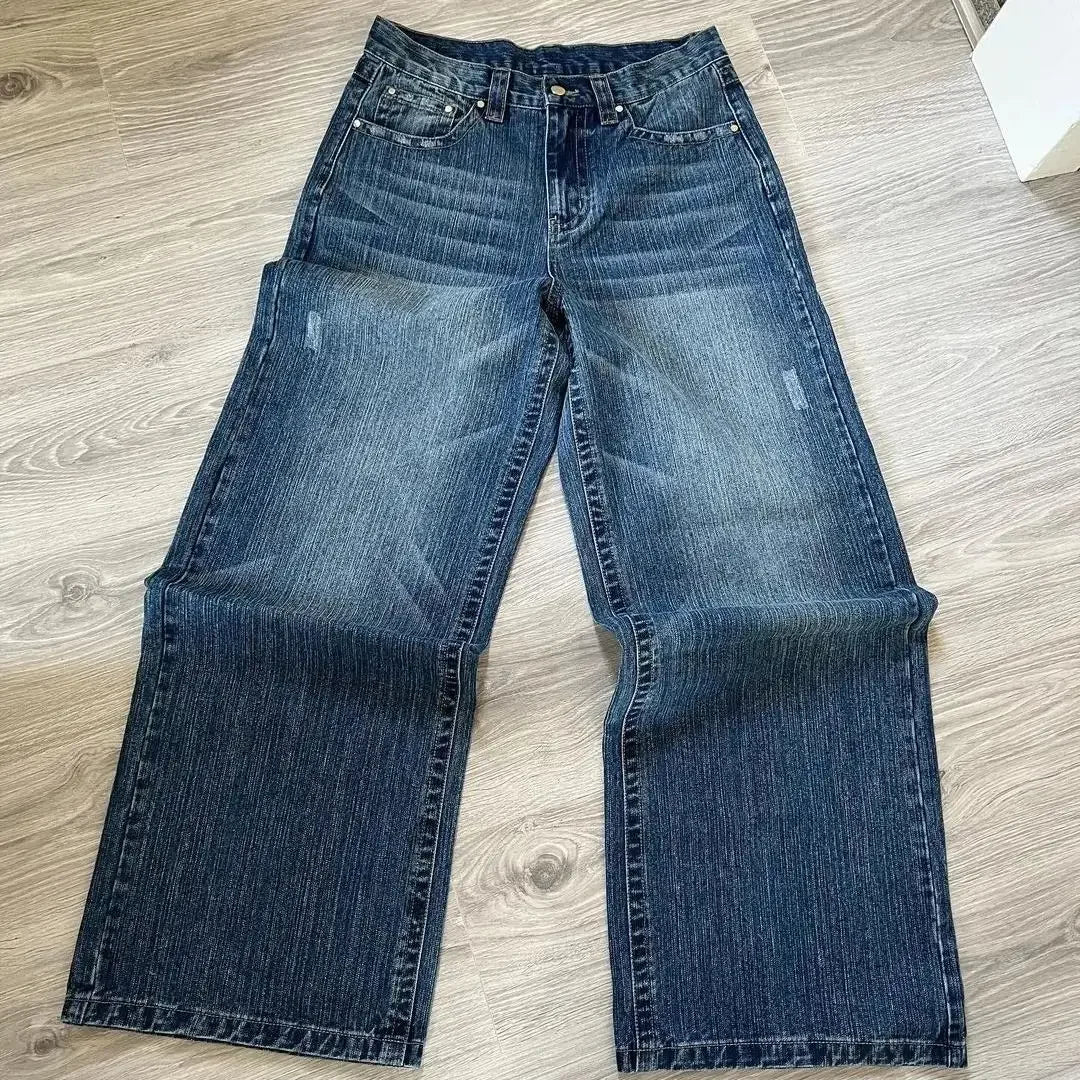 Calça Jeans Larga Retrô Azul com Bordado de Letras de Desenho Animado Hip Hop Harajuku Masculina Feminina Roupa Y2K Rock Cintura Baixa Perna Larga