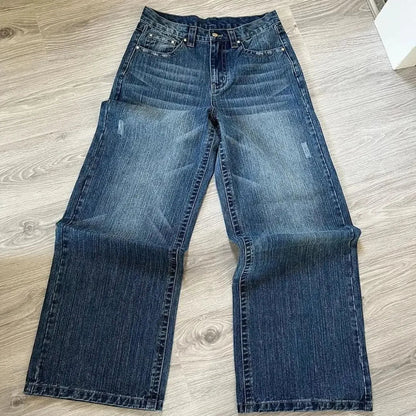 Calça Jeans Larga Retrô Azul com Bordado de Letras de Desenho Animado Hip Hop Harajuku Masculina Feminina Roupa Y2K Rock Cintura Baixa Perna Larga