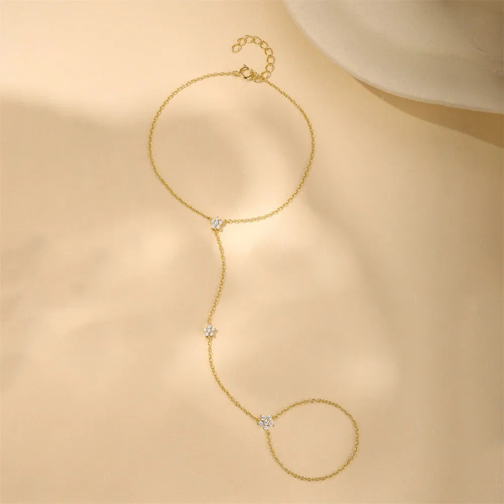 Dainty 5A Zircon Finger Ring Chain Bracelets Flower High Carbon Bracelet for Women Girl Adjustable s925 Silver Jewelry Gift