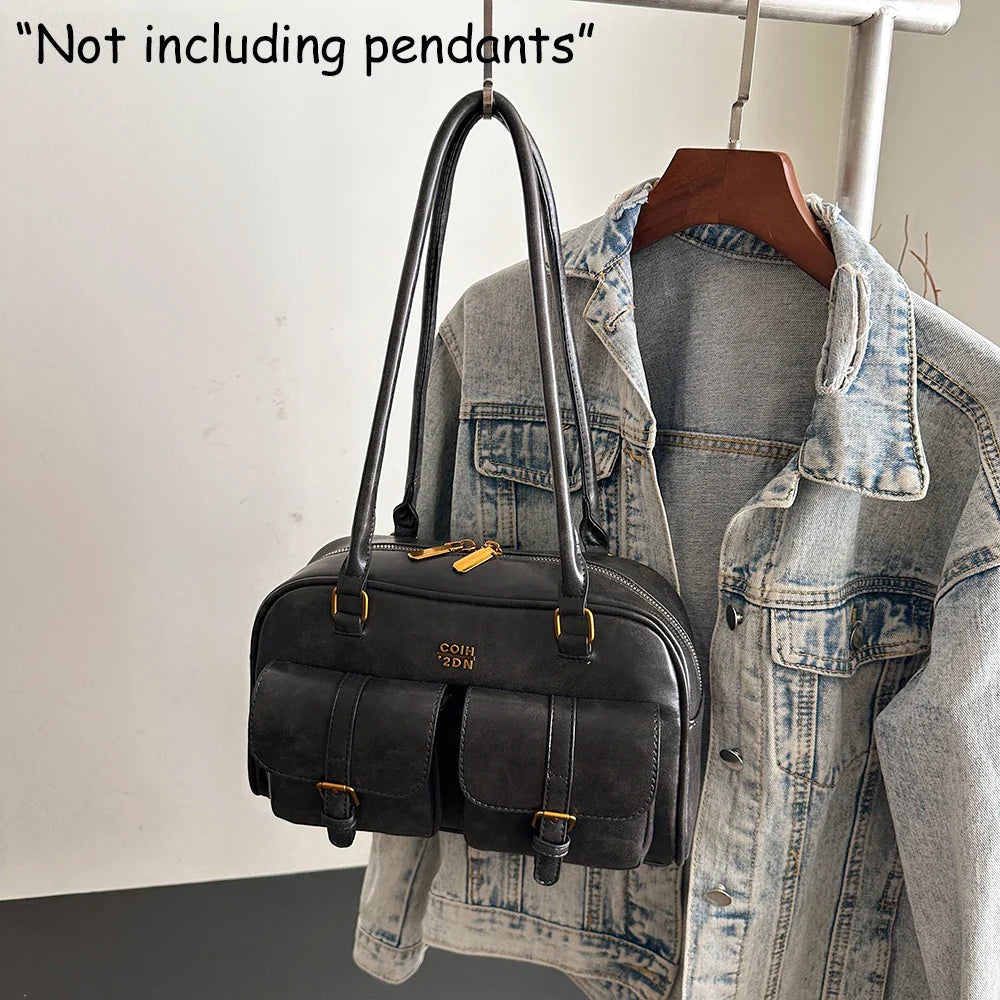 Women's Retro Solid Color Pu Leather Shoulder Bag with Multiple Pockets, Large Capacity, Exquisite and Fashionable Handbag