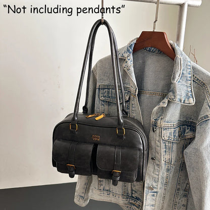 Women's Retro Solid Color Pu Leather Shoulder Bag with Multiple Pockets, Large Capacity, Exquisite and Fashionable Handbag