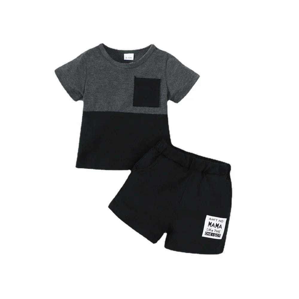 2PCS Summer Toddlers Boy Outfits Short Sleeve Pullover Color Block Top+Pants Fashion Casual Sports Set for Kids Boys 1-4 Years