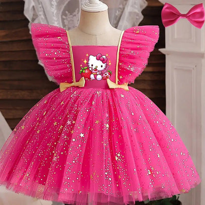 Princess Dress for Girls Sequined Star Ruffle Bow Tutu Gown Baby Formal Gala Prom Gown Kids Evening Party Costume