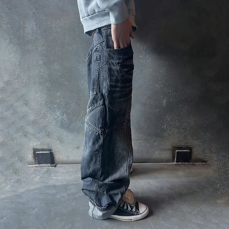 Spring new American retro high street ins trendy jeans straight leg loose dark printed casual pants long pants