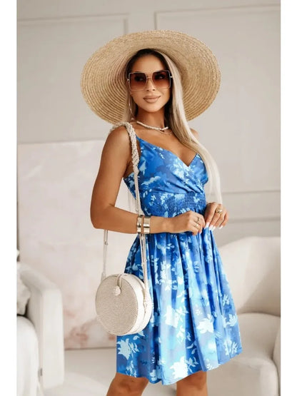 New Fashion Women's  Summer Wrap Pleated Dresses Ladies Floral Print Sexy Spaghetti Strap Sling DressBeach Dress A Line Sundress