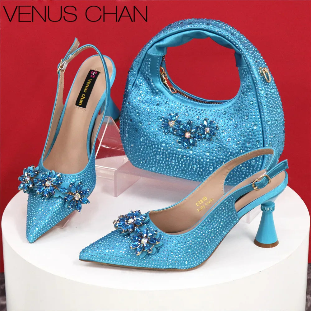 Newest Italian Pumps and Bag To Party INS Style Pointed-Toe Rhinestone Elegant High Heels Champagne Wedge for Women