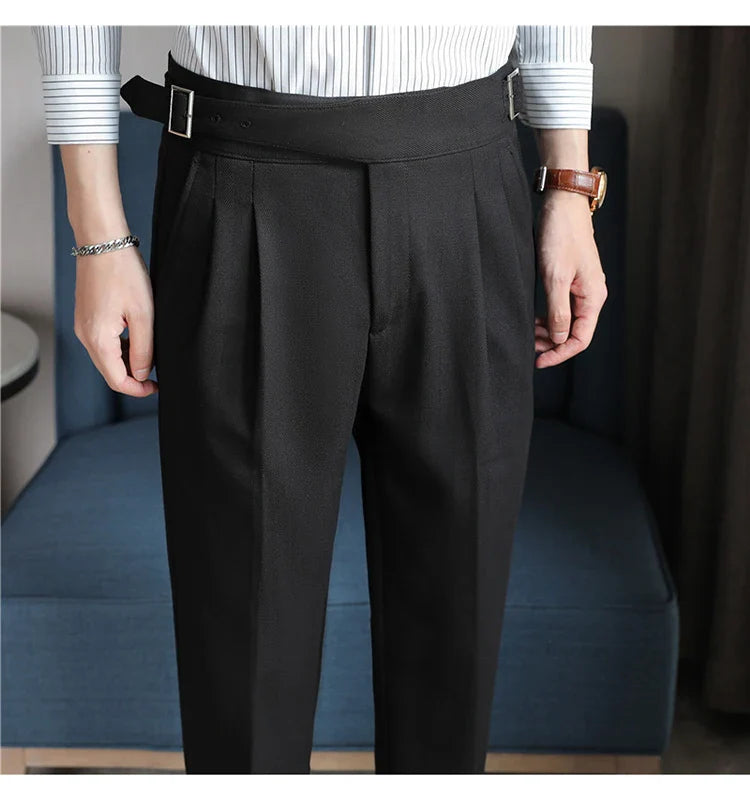 Luxury Men's Slim High-Rise Dress Pants - Heavyweight Subtle Stripe with 3D Pleats & Naples Tailoring