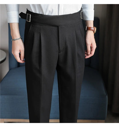 Luxury Men's Slim High-Rise Dress Pants - Heavyweight Subtle Stripe with 3D Pleats & Naples Tailoring