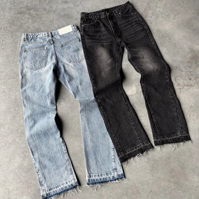 Hip Hop Straight Leg Pants Gothic Fringed Casual Micro Flared Pants Y2K Vintage Slim Fit Jeans Trendy Washed Men Women Harajuku