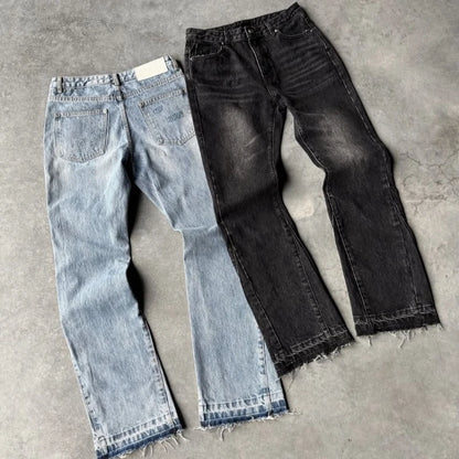 Hip Hop Straight Leg Pants Gothic Fringed Casual Micro Flared Pants Y2K Vintage Slim Fit Jeans Trendy Washed Men Women Harajuku
