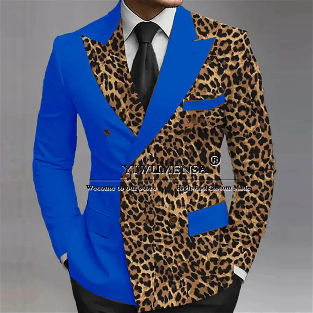Leopard Splicing Wedding Tuxedo Bespoke Groom Wear Peaked Lapel Prom Male Birthday Party Jacket Black Pants 2 Pieces Suits Men