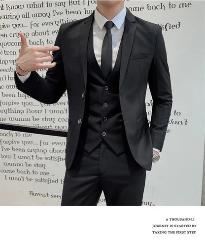 Solid Color Suit Men's Fashionable Gentleman Business Banquet Korean-style Formal Dress Casual Wedding (Blazer+Vest+Trousers)
