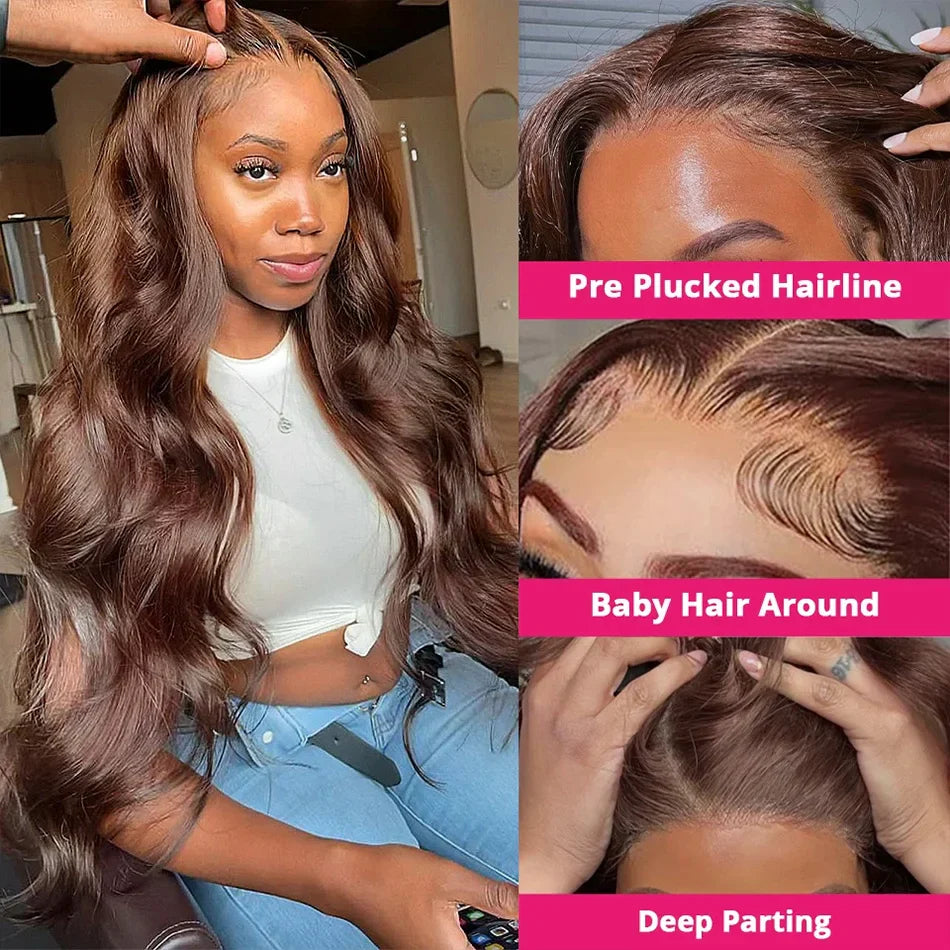 Chocolate Brown 13x4 Body Wave Lace Front Wig Pre-Plucked Brazilian HD 13x6 Lace Frontal Wigs for Women 32 Inch Human Hair