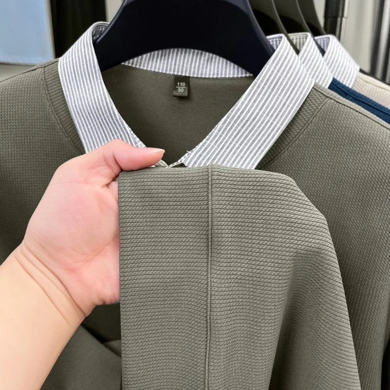 High End Brand Men's Striped Lapel Fake Two Piece Polo Shirt Designer Autumn Winter Fashion Business Simple Versatile Men's Wear