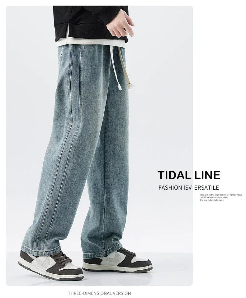 Men's Retro Jeans Elastic Waist Fashion Loose Straight Casual Wide Pants Cotton Casual Korean Baggy Wide Leg Denim Trousers