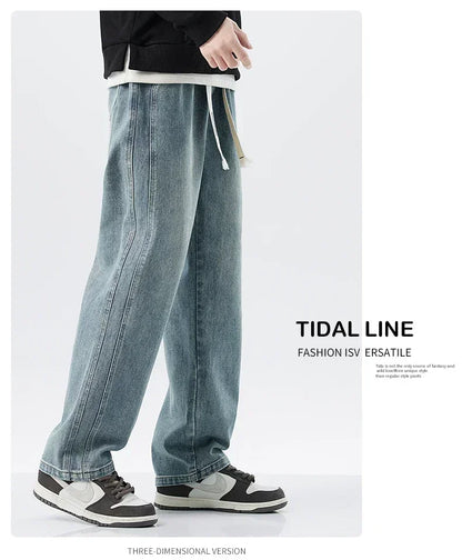 Men's Retro Jeans Elastic Waist Fashion Loose Straight Casual Wide Pants Cotton Casual Korean Baggy Wide Leg Denim Trousers