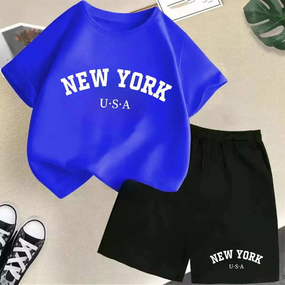 Summer Short Sleeve New York USA Letter Graphic Kid Tshirt +shorts 2pcs Set Baby Boy Girl Clothes Sport Cotton Children Outfit