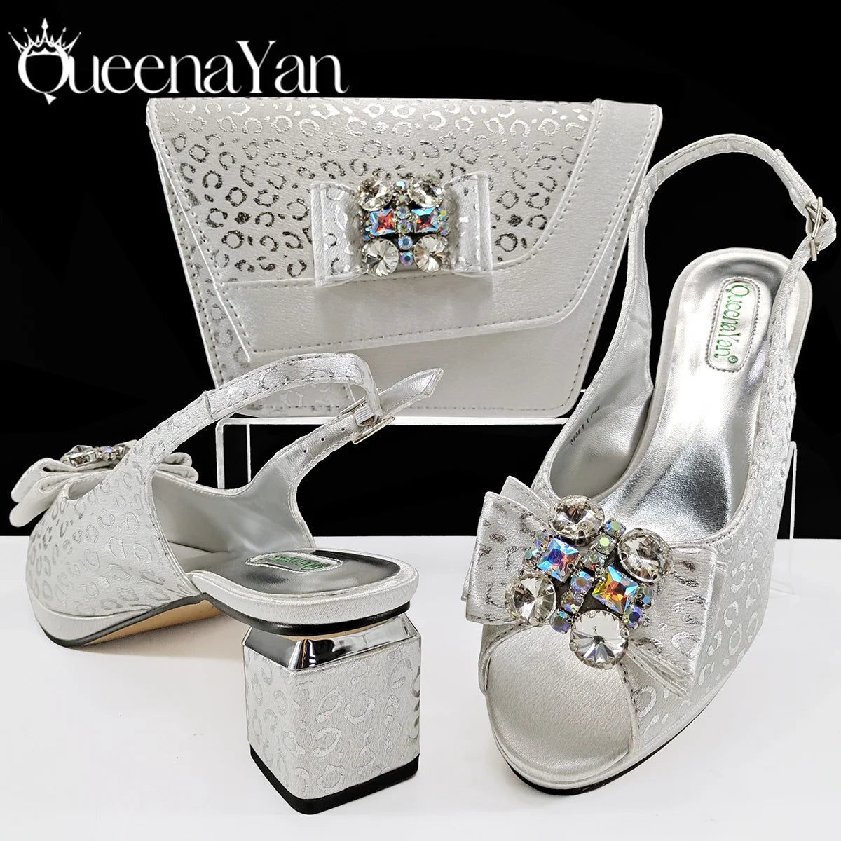 Shiny Italian Fashion Pointed Toe Women Heel Fashion Rhinestone Decoration Pink Color Shoes And Bag Set