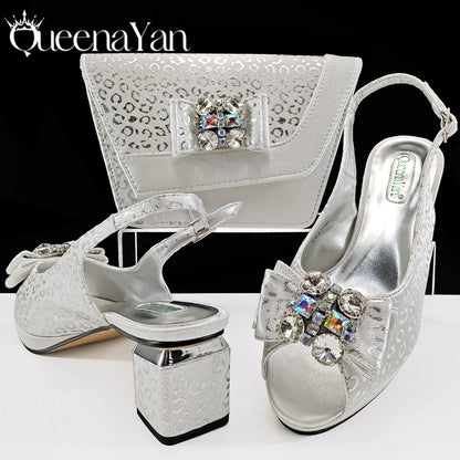 2025 Shiny Italian Fashion Pointed Toe Women Heel Fashion Rhinestone Decoration Pink Color Shoes And Bag Set