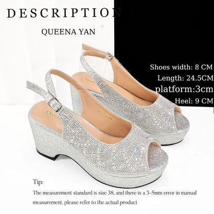 Sky Blue Elegant Nigerian Rhinestone Wedding Shoe and Bag Set Italian Inspired High Heels and Matching Handbag
