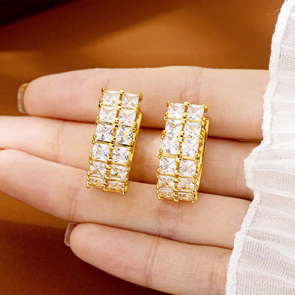 Women 24K Gold AU999 Diamond-Inlaid Geometric Clasp Earrings - Pure gold, trendy design, practical clasp, ideal for gifting