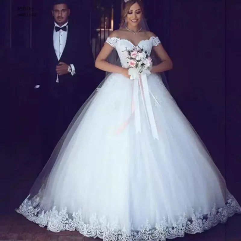 Customized White Ball Gown Women Wedding Dresses Lace Appliques Off Shoulder Bridal Gowns Formal Vestido De Noiva robe de mariée