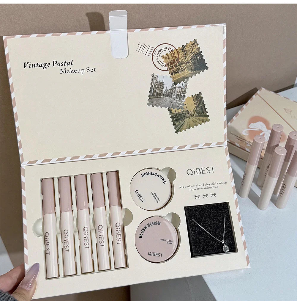Retro Mail Makeup Set 5pc Matte Lip Mud,1 Blush,1 Highlight And 1 Necklace Gift Multipurpose Cosmetics Kits For Women