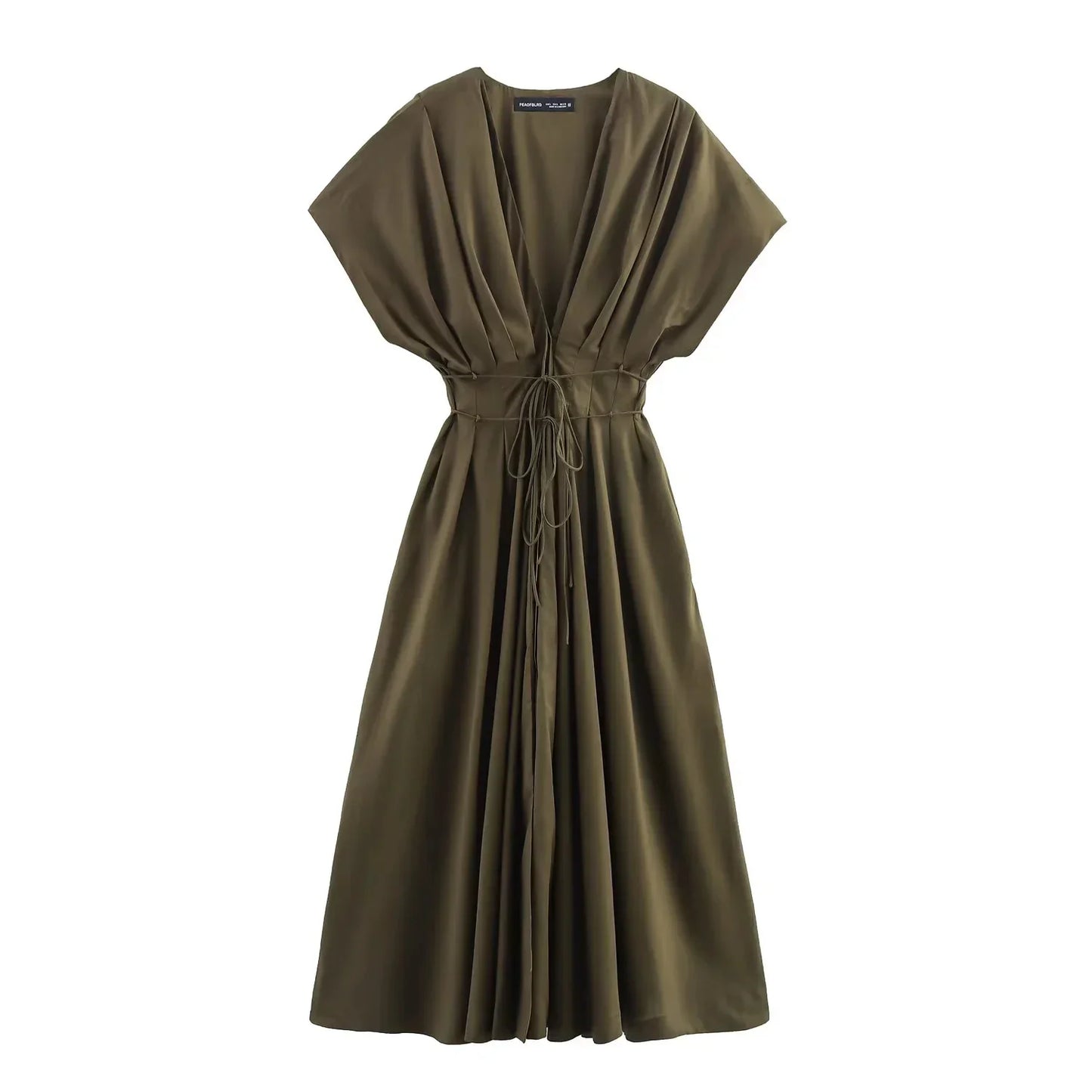 Spring Summer Vintage Women Dress Fashion Single Breasted Sashes Draped V Neck Sleeveless Chic Brown Ladies Dresses