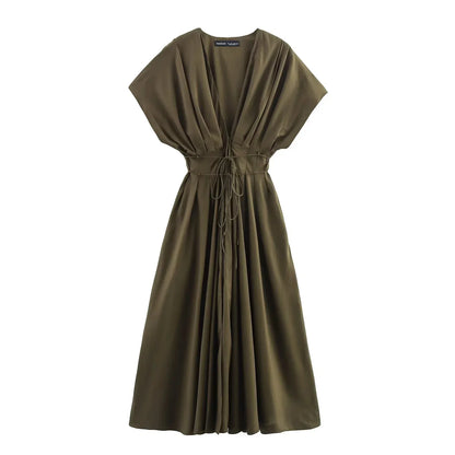 Spring Summer Vintage Women Dress Fashion Single Breasted Sashes Draped V Neck Sleeveless Chic Brown Ladies Dresses