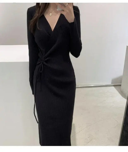 V-ne Knitted Wrap Waist Slimming Mid-length A-line Dr Women's Sweater Dr Korean Sle High Waist Long Sve