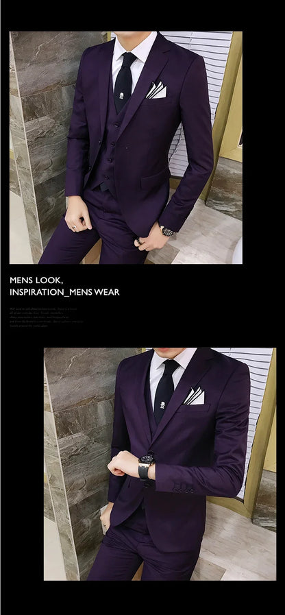 Suit (Blazer+vest+pants) Men's Fashion Business Korean Version of Solid Color Slim-fit Wedding Professional Gentleman Dress 6XL