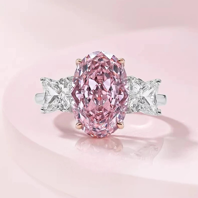 S925 Silver Ring 8 * 12mm Elliptical Zircon Powder Ice Flower Cut Ring Sweet Wind Jewelry