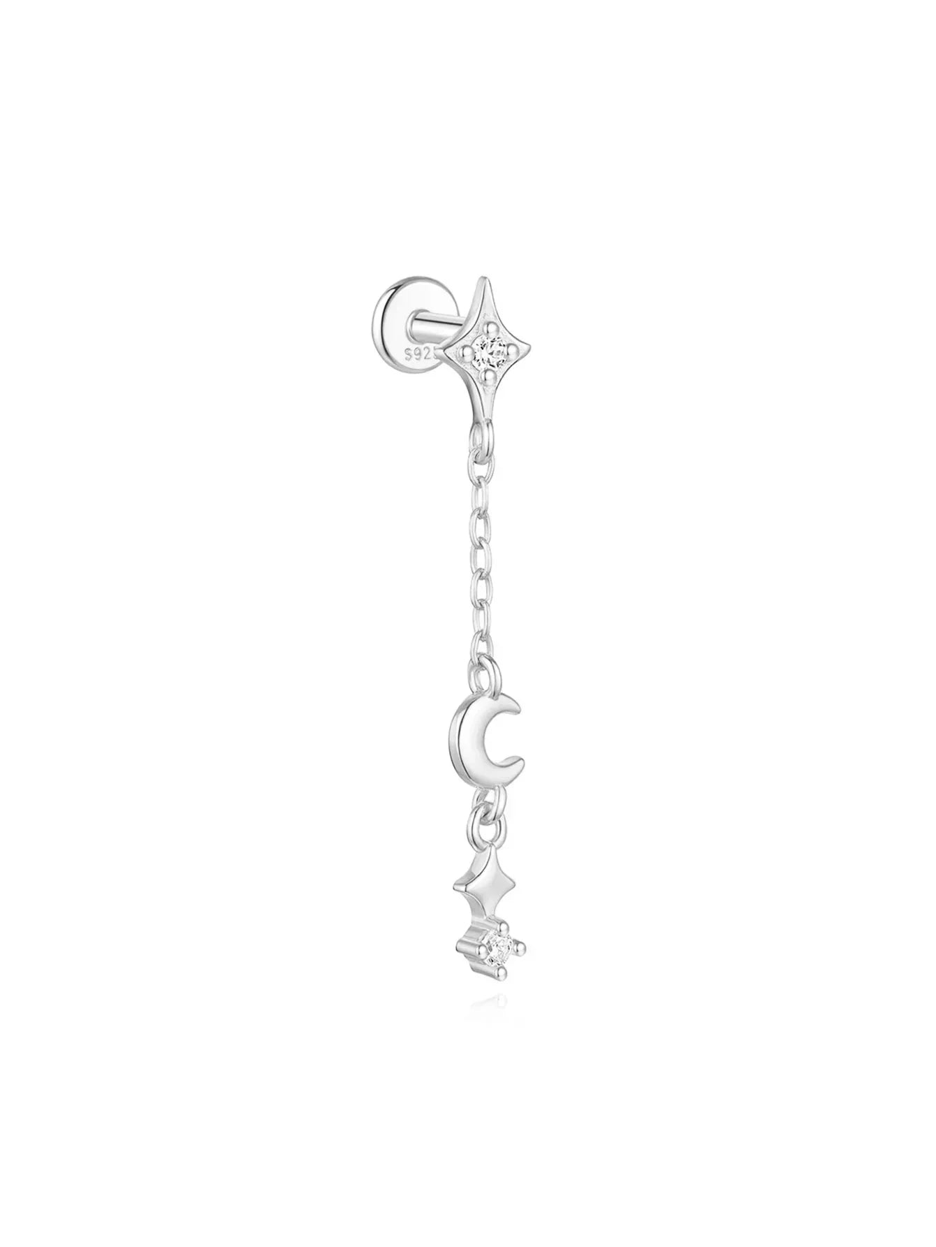 1PC Four Pointed Star Moon Tassel Lotus Cartilage Spiral Puncture 925 Sterling Silver Stud Earring For Women Ins Earring