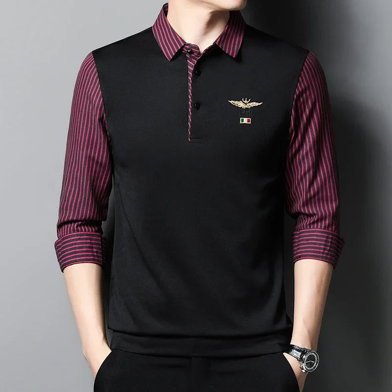 2025 New Men's Casual and Fashionable Long Sleeved POLO Shirt with Contrasting Print Anti Wrinkle Top