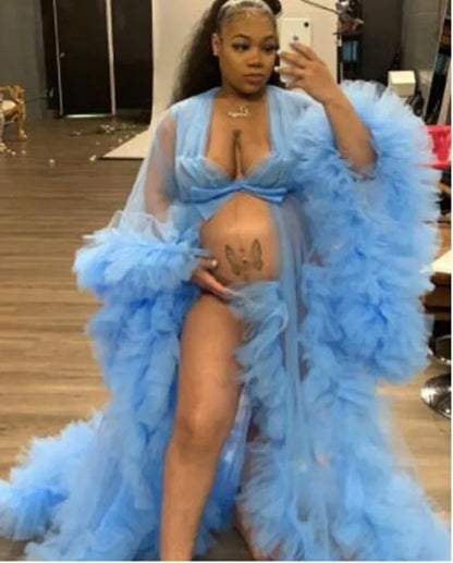 Maternity Star Dresses Robe Tiered Ruffles Photoshoot Babyshower Bathrobe Maternity Dress Sexy Kimono Party Birthday Gowns