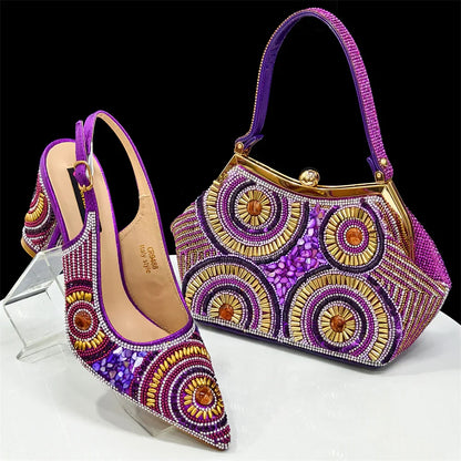 2025 Moda Mais Recente Chegada Laranja Ponta Fina Sandálias Femininas Sapatos com Bolsa Conjunto para Senhoras Festa de Casamento Salto