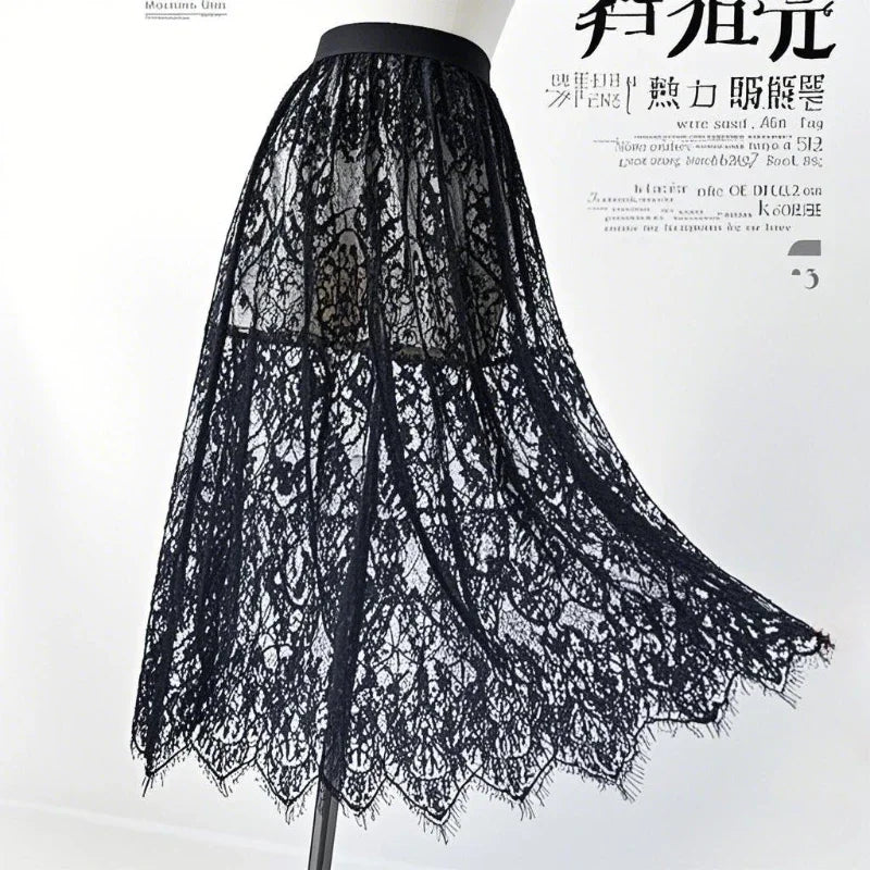 Transparent Sexy Lace Mesh Skirt Elastic High Waist Black White Tulle Mini Skirts Womens Skirt Korean Fashion Women's Skirt