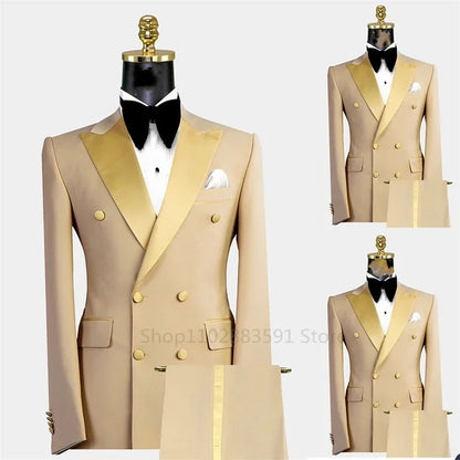 2 Pieces（Blazer+Pants）Men's Suit Double breasted Tuxedos Formal Slim Fit Notch Lapel Party Solid Groom Khaki Suits For Wedding