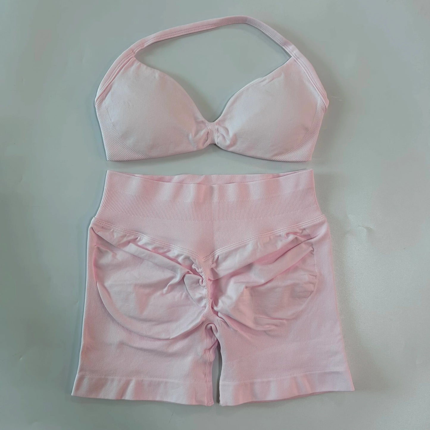 NO LOGO 2PCS Gym Set Women Strappy Yoga Bra Top High Waist Workout Scrunch Shorts Sports Suit Seamless Yoga Set Fitness Clothes