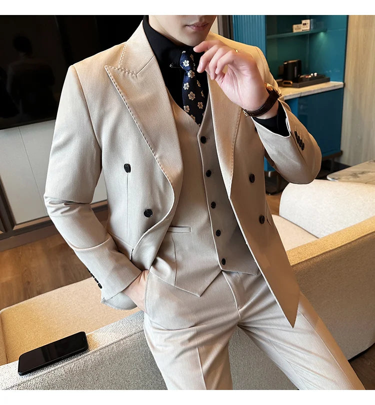 (Jackets+Pants) Luxury Double Breasted Design Slim Fit Suit High Quality Fashion Men's Wedding Social Suit Tuxedo 2 Piece Set