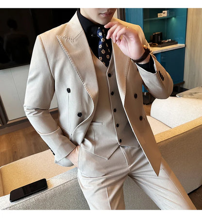 (Jackets+Pants) Luxury Double Breasted Design Slim Fit Suit High Quality Fashion Men's Wedding Social Suit Tuxedo 2 Piece Set