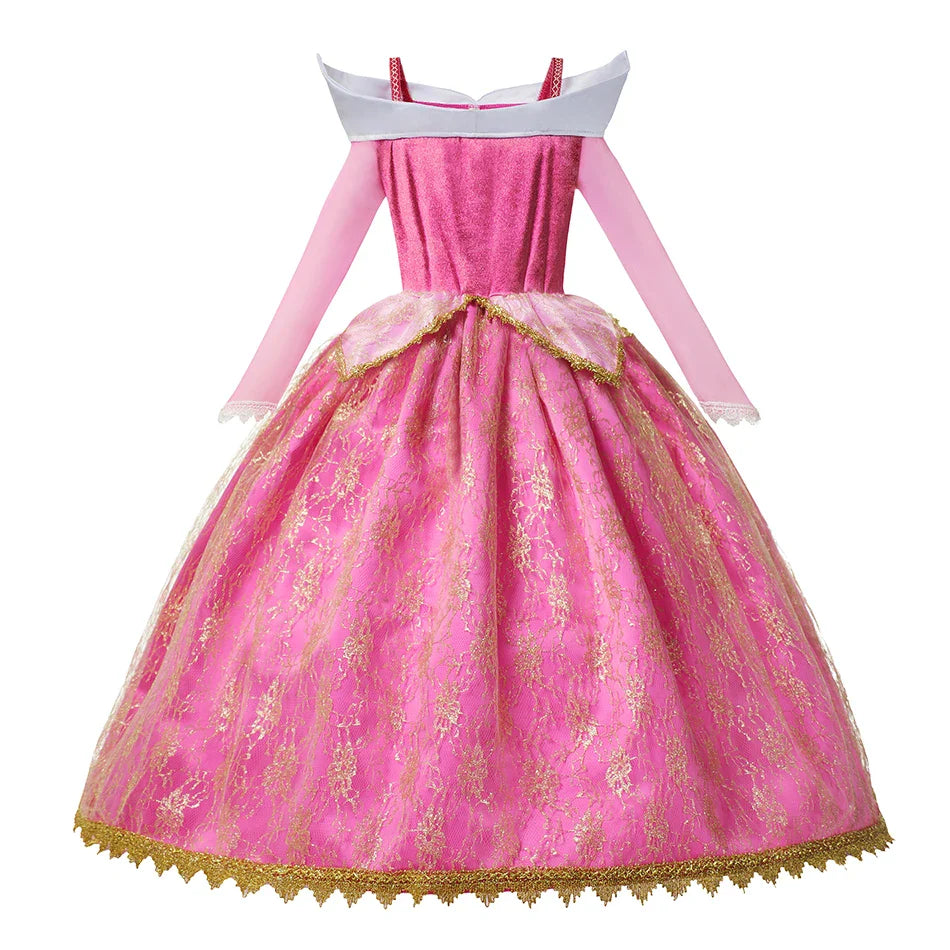 Girls Princess Dress Sleeping Beauty Aurora Cosplay Costume 2025 Kids Carnival Birthday Party Pink  Long Sleeve  Evening Dresses