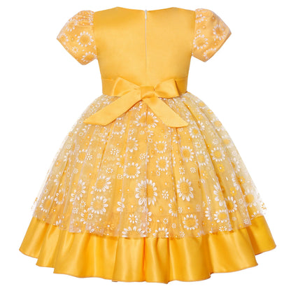 Cross-border special summer burst dress girls printed waist wedding dress flower girl short-sleeved princess puffy skirt