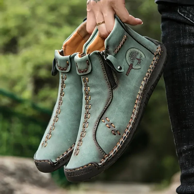 Sapatos Masculinos Clássicos de Couro Feitos à Mão, Design com Zíper, Tênis Esportivos para o Ar Livre, Sapatos Casuais Respiráveis com Elástico, Botas Masculinas de Couro no Tornozelo