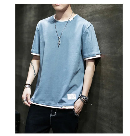 Classic Fake Two Short Sleeved Men's Pure Cotton T-shirt, Men's Summer Men's Interior Matching Trendy Brand T-shirt