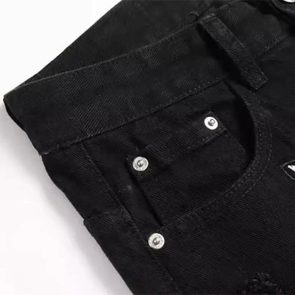 Autumn And Winter Retro Black Ripped Jeans Men'S Straight Leg Pants Pentagram Patch Casual Jeans Pants