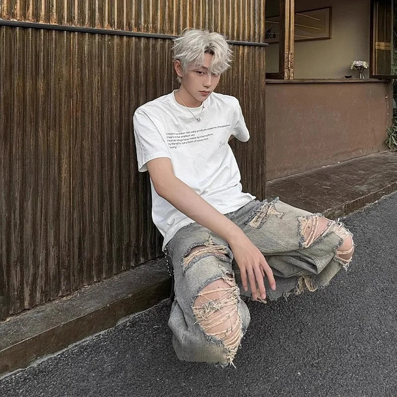 Ripped Jeans Men's Straight Loose Wide-leg American High Street Pants Retro Trousers Cotton Casual Pants Baggy Jeans
