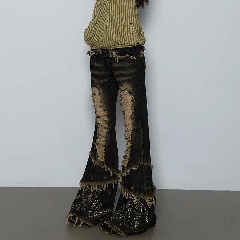 Women Japanese Vintage Tassel Low Rise Flare Denim Pants