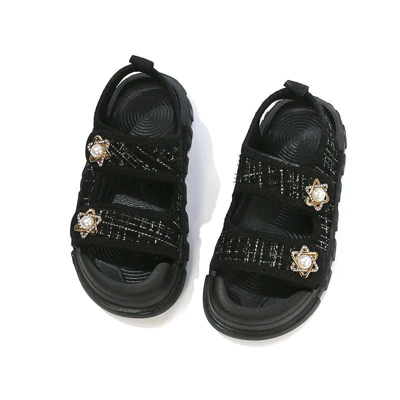 2025 Nice Straw Children Sandals New Arrivals Girls Appliques Metal Decos Sandals for Kids Girl Anti-kick Toe Beach Shoes I03242